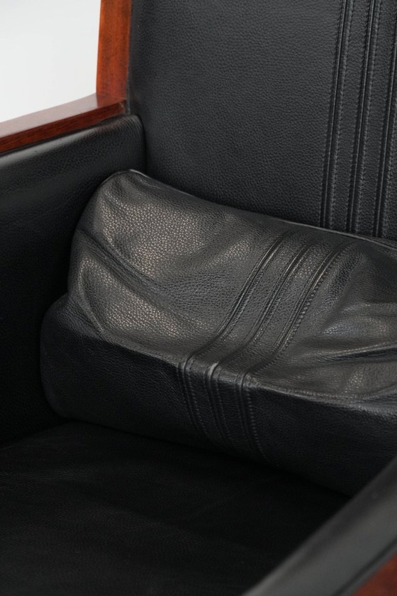 Image 1 of 2 x Black cowhide Art Deco design armchairs with high backs by Schuitema