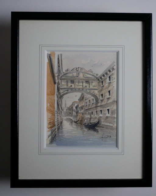 The Bridge of Sighs, Venice - Watercolor drawing dated 1990, signed and framed