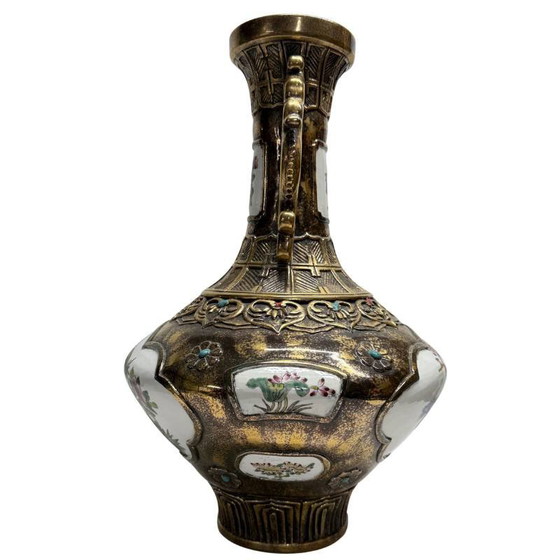 Ensemble de Vases Chinois – Métal avec Panneaux de Porcelaine – Lot 469 – Metal (photo 3 of 10)