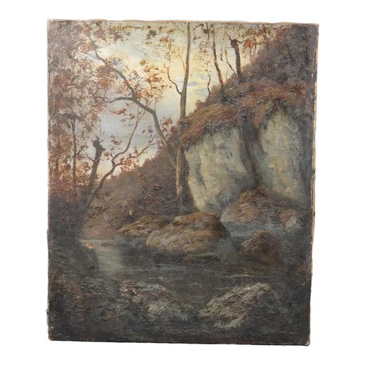 Antique French Woodland Landscape Oil Painting With Rocks and Stream