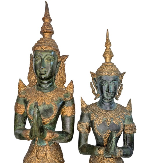 Thaise Bronzen Tempelwachter Set – Knielende Thepanom Beelden met Vergulding en Patina – Beeldhouwkunst (photo 7 of 8)