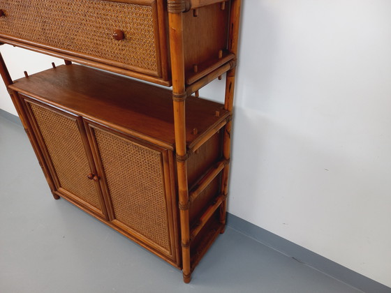 Image 1 of Large Vintage Rattan, Wood and Cane Bookcase from the 70s