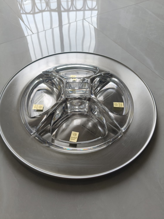 Image 1 of Plateau à apéritifs vintage Gottinghen en acier et cristal - Designer Taddei Sestini