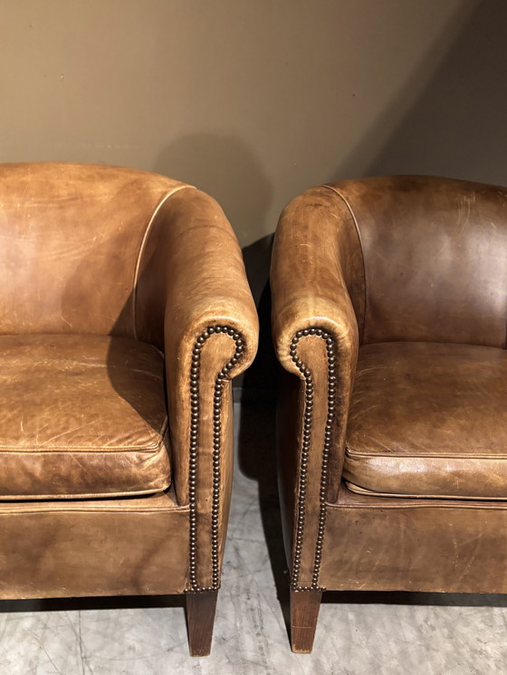 Image 1 of Cognac Bruine Runderleren Clubfauteuils-Vintage