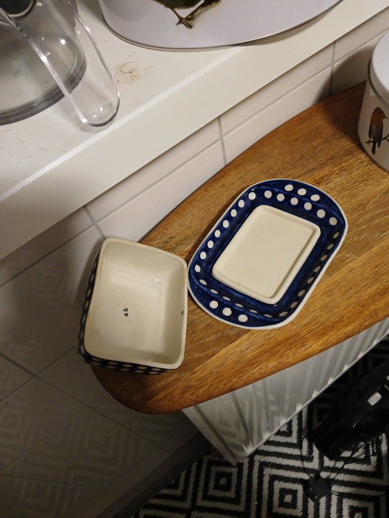Image 1 of Butter dish Bunzlauer Keramik (also known as Polish Pottery), recognizable by the traditional blue and white dot pattern