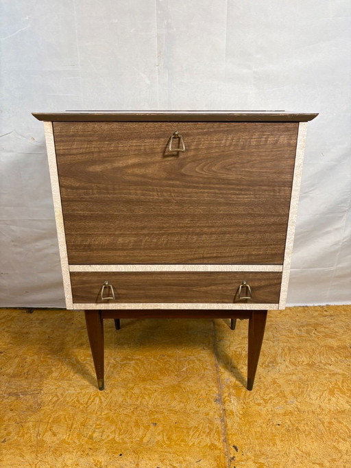Mid Century Retro Teak & Lamination Cocktail Bar Cabinet (Circa 1950–1960)  A stunning and playful example of mid century design