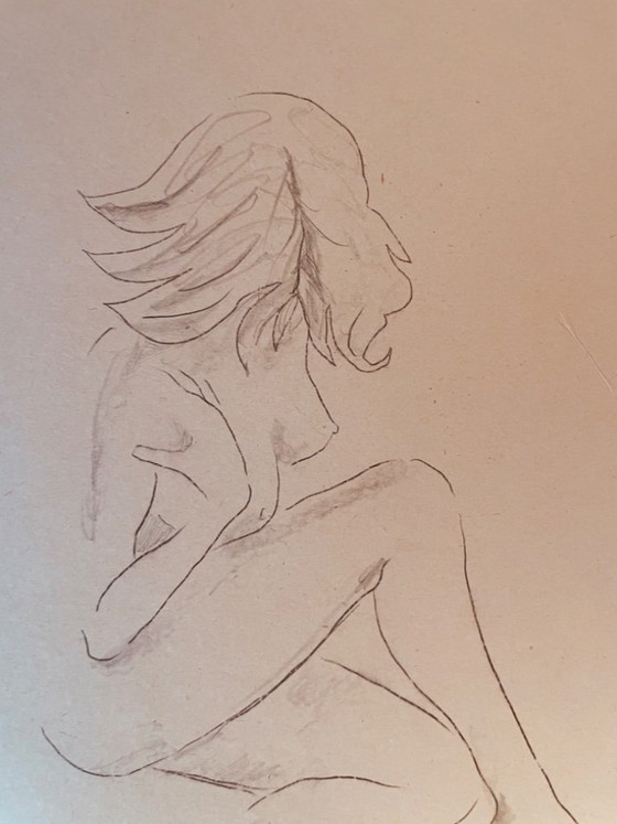 Image 1 of Nude female drawing "squatting sketchbook" on antique cardboard