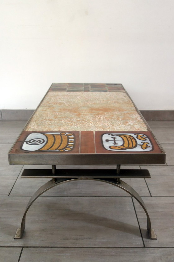 Image 1 of Tavolino Jean Gregorieff per Roche Bobois in ceramica e acciaio spazzolato 60 70