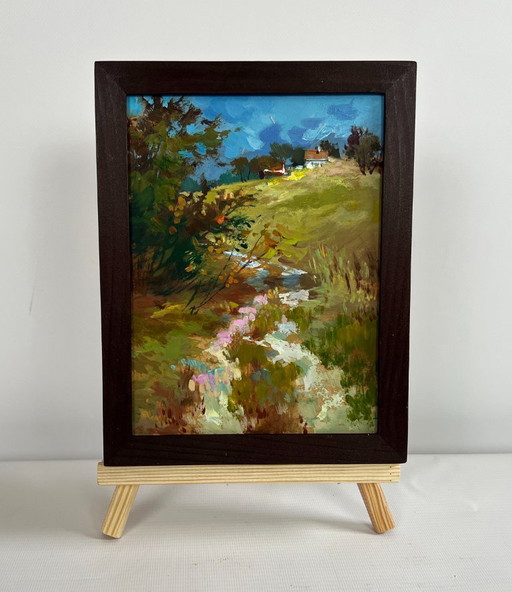 Origineel olieverfschilderij: Landschap bij een zomerhuis. Een rustige weg naar inheemse plekken.