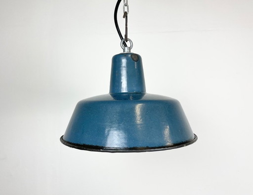 Industriële hanglamp van blauw emaille, jaren 60