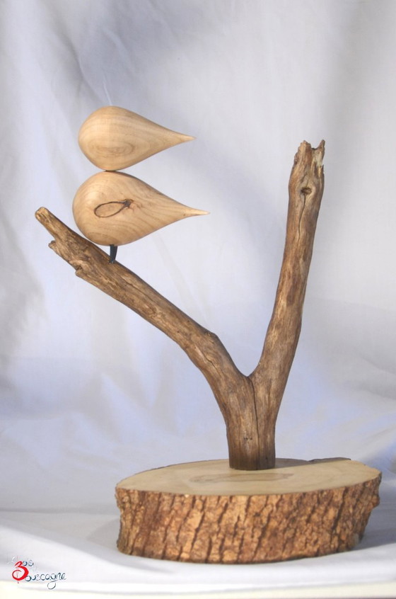 Decorative bird perched on a tree and base, handmade solid wood, Made in France, 23x30cm – Sculpture (photo 6 of 6)