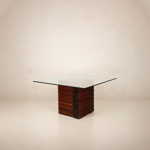 Tafel "Diamante" van Afrikaans padouk in brutalistische stijl van Luciano Frigerio met glazen blad, 1970