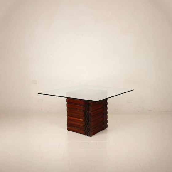 Table "Diamante" en padouk africain de style brutaliste par Luciano Frigerio avec plateau en verre, 1970 (photo 7 of 26)
