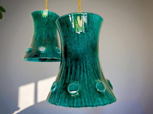 Mid Century green cast iron 3 light cascading chandelier hanging lamp, 1960s