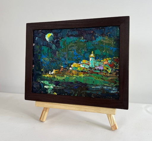 Original Oil Painting Night Village Landscape The moonlit night illuminates