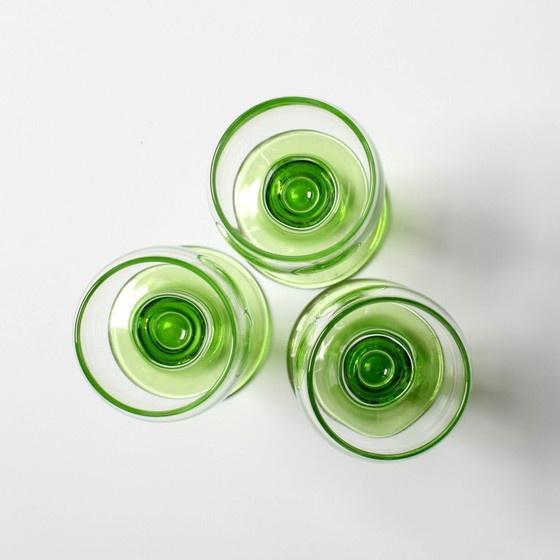 Image 1 of Set of 3 Vintage Limoncino Liquor Glasses / Green Stem Shot Stemware / Bormioli Rocco / Italy / 1970s