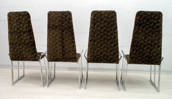 Image 1 of Set van 4 Mid Century Moderne Italiaanse Verchroomd Staal en Fluwelen Eetkamerstoelen 1970