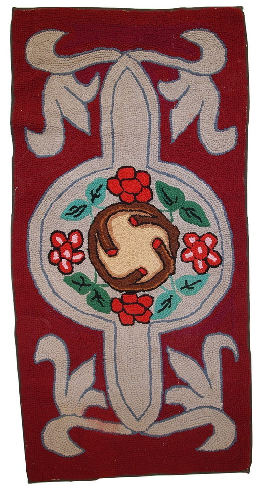 Handgemaakt antiek Amerikaans gehaakt tapijt 2,2' x 4,4' (67 cm x 135 cm) jaren 1930 - 1C341