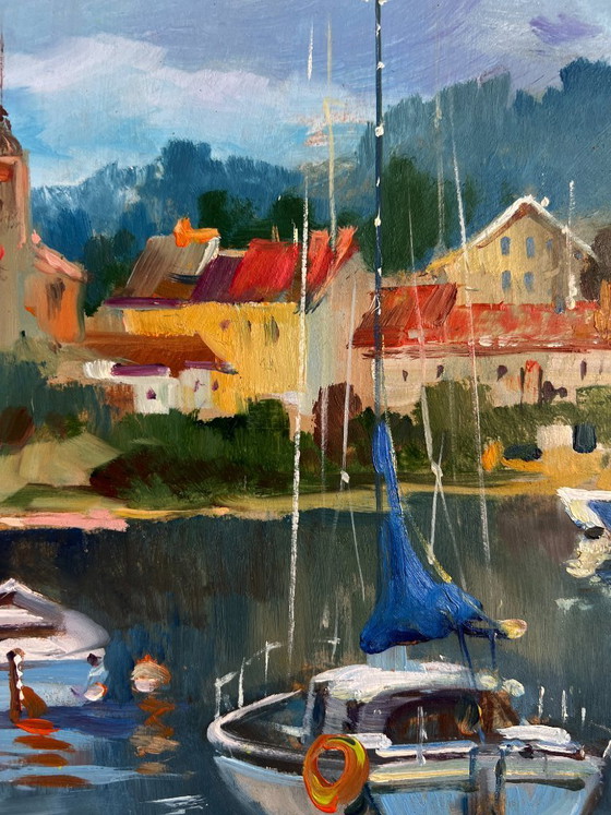 Image 1 of Origineel olieverfschilderij: Rivierboten, Landschap, Boten voor de kust van de stad
