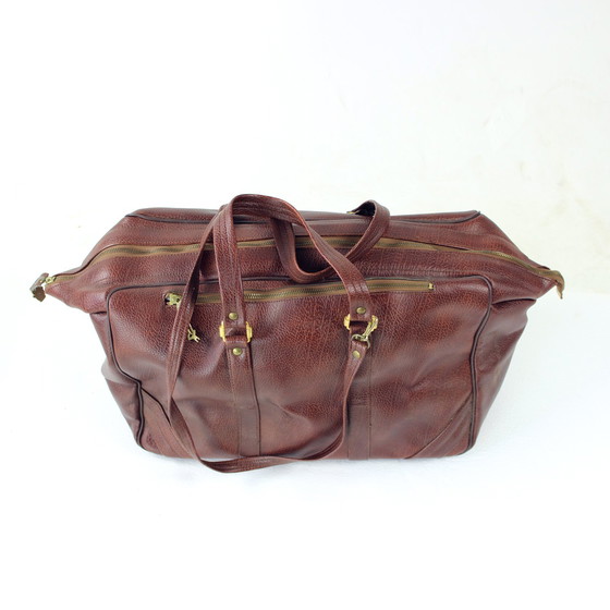 Image 1 of Borsa da viaggio vintage in pelle marrone con finiture in ottone, Cecoslovacchia, anni '60