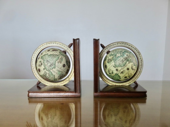 Image 1 of Pair of wooden "globe" bookends, 1970