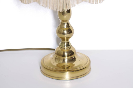 Image 1 of Tafellamp messing kunstleer stof randen franjes 43cm 80s vintage