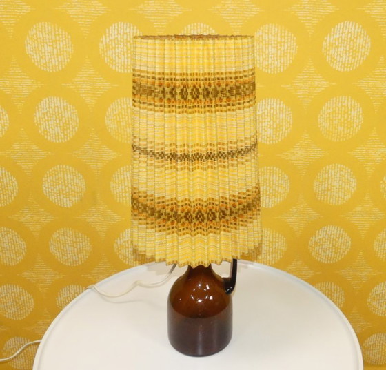 Image 1 of Table lamp 70s amber glass base light yellow patterned pleated shade vintage retro seventies space age flower power