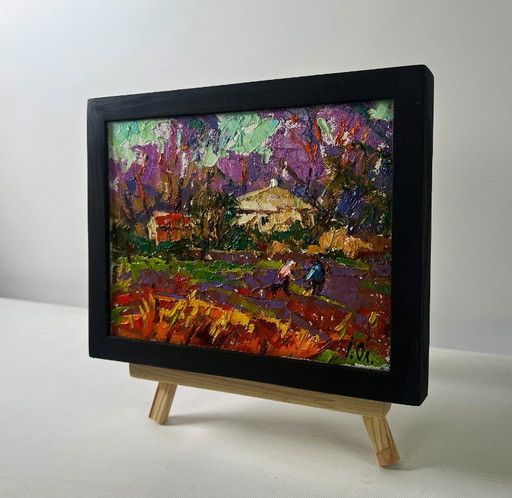 Original Oil Painting Sunset Village Landscape Spring evening in the light of the sky
