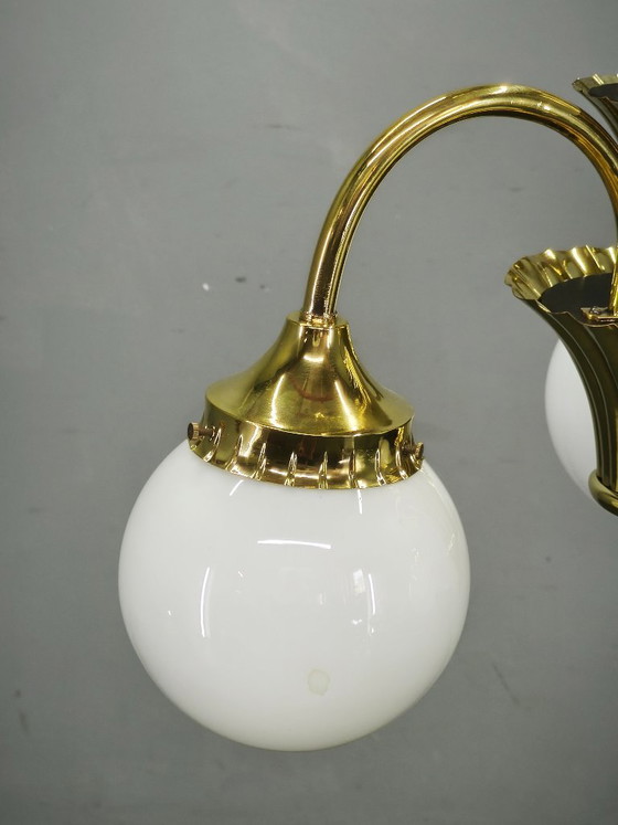 1930s Czechoslovak Art Deco Brass And Opaline Glass Chandelier (photo 6 of 14)