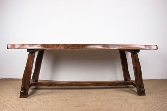 Image 1 of Large Brutalist style dining table, farmhouse style, in solid elm in the style of Olavi Hanninen 1960.
