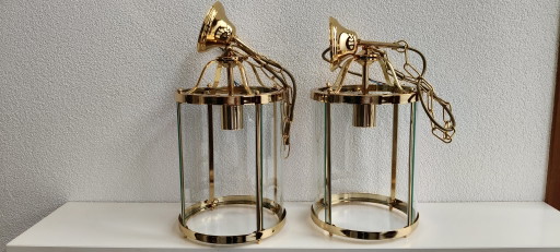 Set van 2 goudkleurige glazen lantaarn hanglampen – vintage / Hollywood Regency stijl