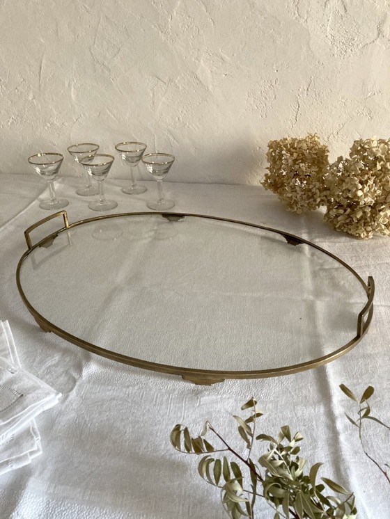Image 1 of Oval glass and brass serving tray, late 19th - early 20th century