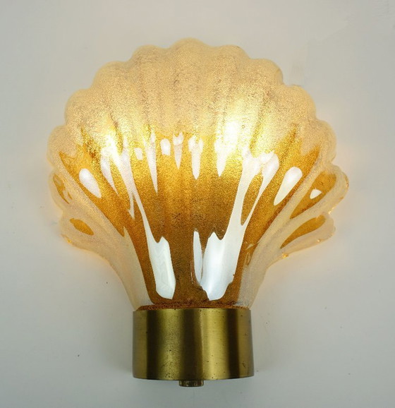 Image 1 of no. 1 of 2 - mid century modern SCONCE wall lamp lustrous glass shell shape hollywood regency style