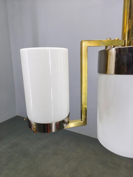 Image 1 of Tschechoslowakischer Art-Deco-Kronleuchter aus Messing und Chrom mit Opalglas, 1930er Jahre