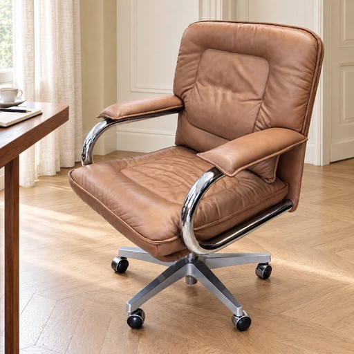 Chaise pivotante Guido Faleschini i4 Mariani avec étiquette, cuir cognac & chrome, ca. 1970/71