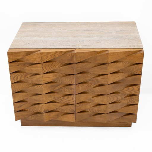 Sculpted Oak Italian Sideboard with Travertine Top