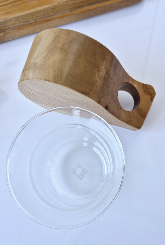 Image 1 of Vintage tea service, tea set, wooden cups + Jena glass Schott, 1960, with tray