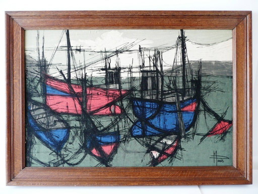 IMPORTANTE STAMPA SU TELA DEL 1950 "BARCA" DA UN'OPERA DI M. PARIS, INCORNICIATA, VINTAGE ANNI '50