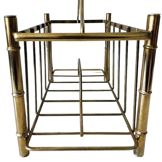 Image 1 of Vintage Hollywood Regency Faux Bamboo Newspaper Rack Magazine Basket Gold Metal Magazine Rack 1960s