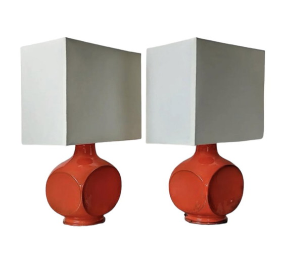 Image 1 of Ensemble de lampes de table en céramique orange par Cari Zalloni, Italie, années 1970