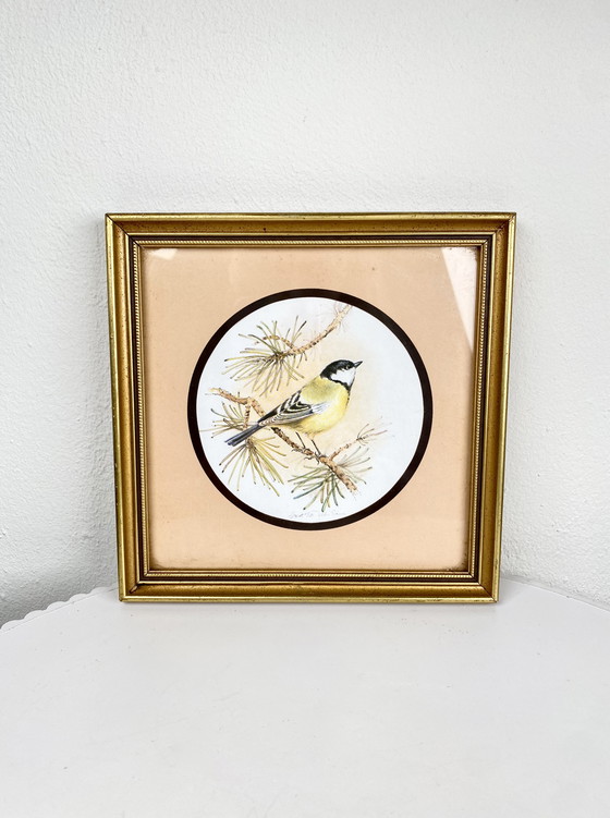 Image 1 of Small Vintage Bird Gold Framed Art Print - Cute Great Tit Retro Portrait in Square Gold Frame on Beige Background - Rustic Deco