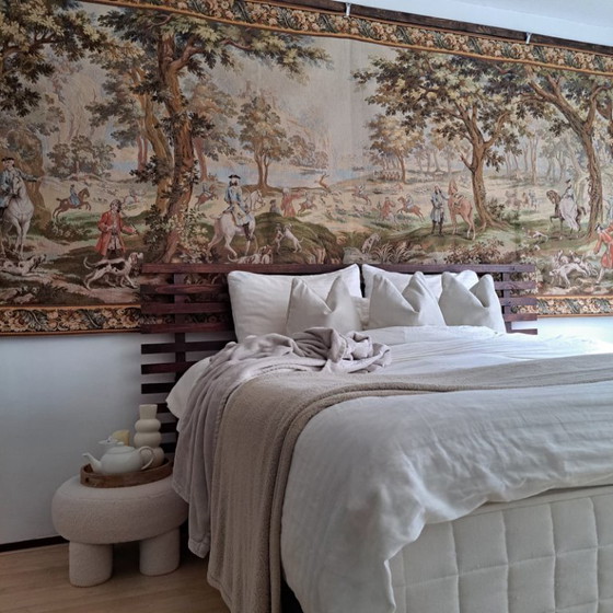 Image 1 of Large custom-made Jules Pansu French tapestry with 18th-century royal hunting scene 'en Forêt de Compiègne' 390 x 157 cm