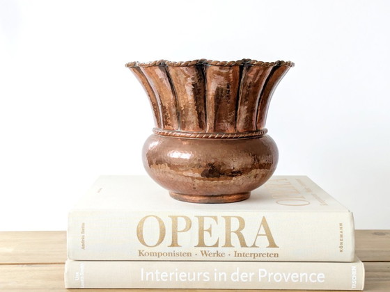 Image 1 of Midcentury Italian Planter | Hand-Hammered Copper with Scalloped Rim and Cord Detail