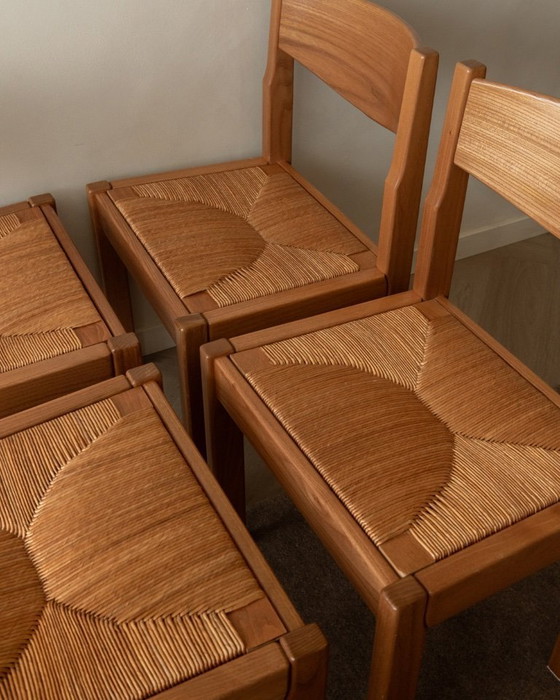 Image 1 of Mid-century eetkamerstoelen van iepenhout en riet van Maison Regain, jaren 70, set van 4