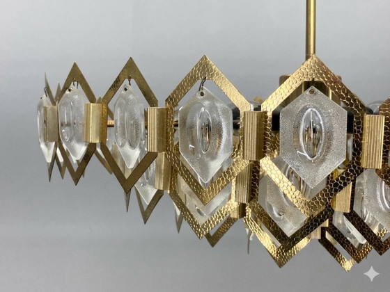 Image 1 of Lampadario in vetro sfaccettato Ottone Jaroslav Bejvl Kamenický Šenov anni '60 Cecoslovacchia