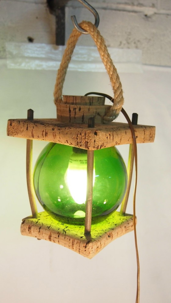 Image 1 of Franse Mid-Century Nautische Lantaarn Tafellamp, Mediterraan Kurk & Gerookt Glas, Jaren 60 Kustontwerp, Vintage Zeedecoratie