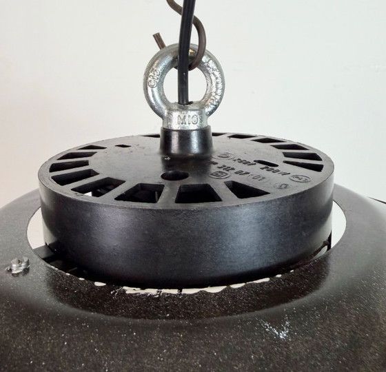 Image 1 of Industrial Grey Enamel Pendant Lamp with Milk Glass, 1960s