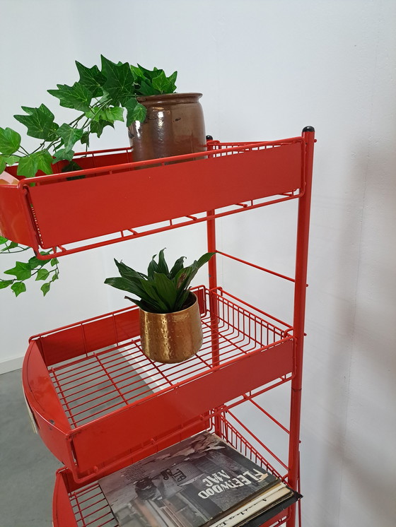 Image 1 of Red Metal Shop Display Case Shop Rack With Baskets Vintage