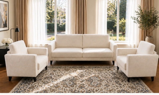 Luxury 3-seater sofa + 2 ecru boucle armchairs | extendable seats – fauteuils, Textile