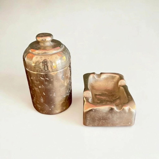 Mid-Century Schweres Messing Raucherset, Aschenbecher & Zigarettenschachtel, 1960er, Punziert